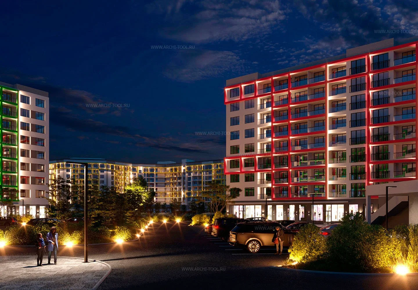 3D Визуализации ночью фасадов архитектуры жилых комплексов