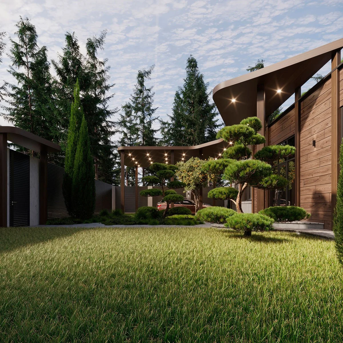 Элитный коттедж сад, бонсай 3д визуализация