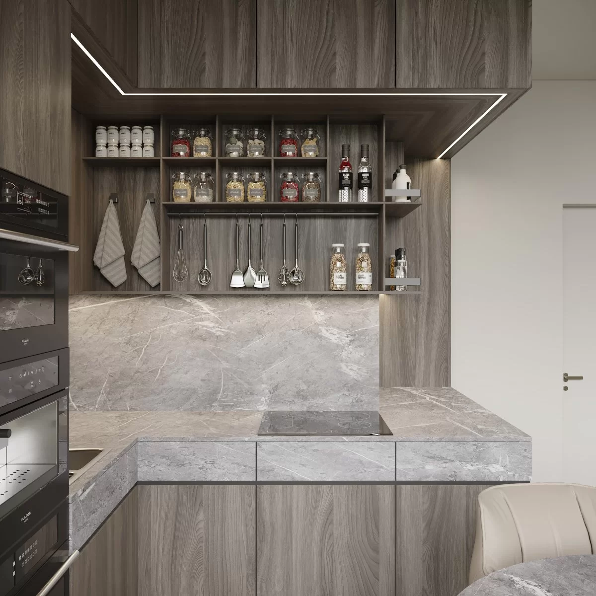 3Д визуализация интерьера кухни в доме Сочи